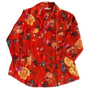 Cotton Daisy Red/Floral Print, V-Neck, 3/4 Button Down Blouse- S